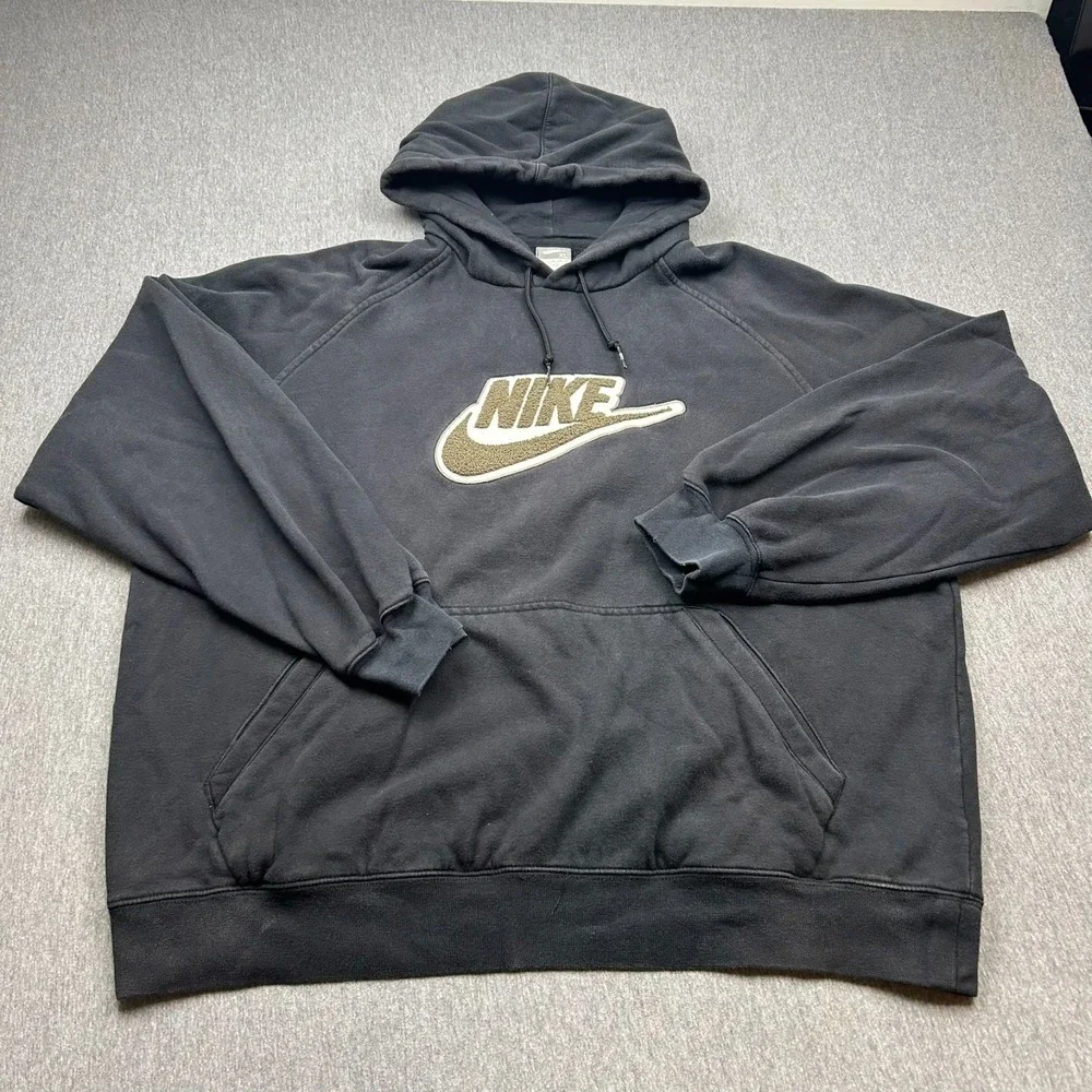 Nike Center Swoosh Deep Pile Embroidered Logo Hoodie Sweatshirt Mens XL Black